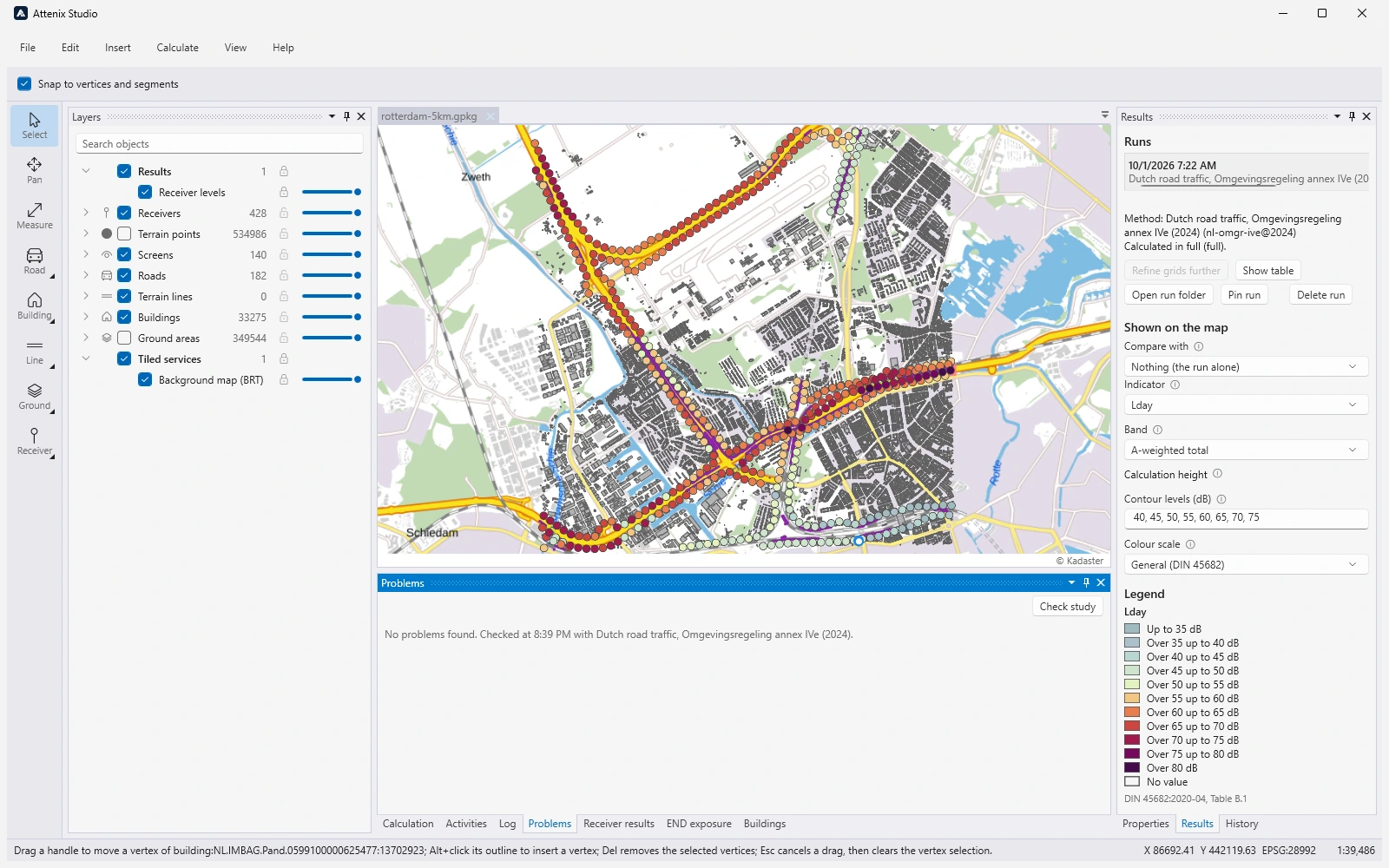 Het paneel Problems van Attenix Studio na Check study, met de tekst: No problems found, checked with Dutch road traffic, Omgevingsregeling annex IVe (2024); erboven de kaart van het onderzoek Rotterdam met de ontvangpunten gekleurd naar geluidbelasting, en rechts het paneel Results met de legenda